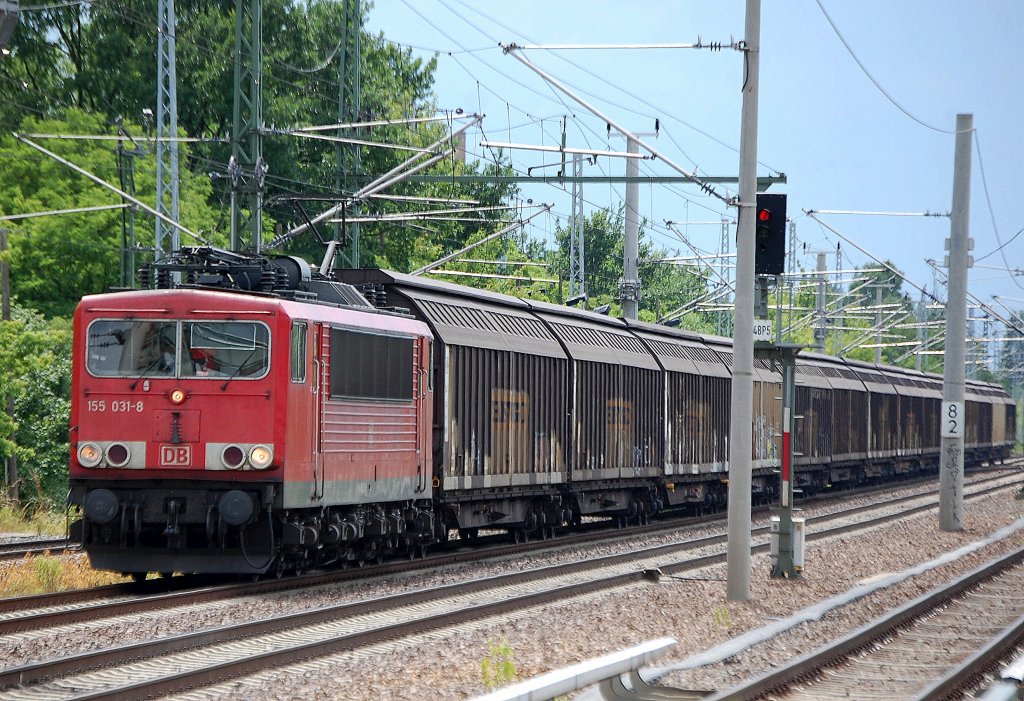 155 031-8 mit Ganzzug Schiebewandwagen Richtung Bernau, 12.06.12 Berlin-Blankenburg.