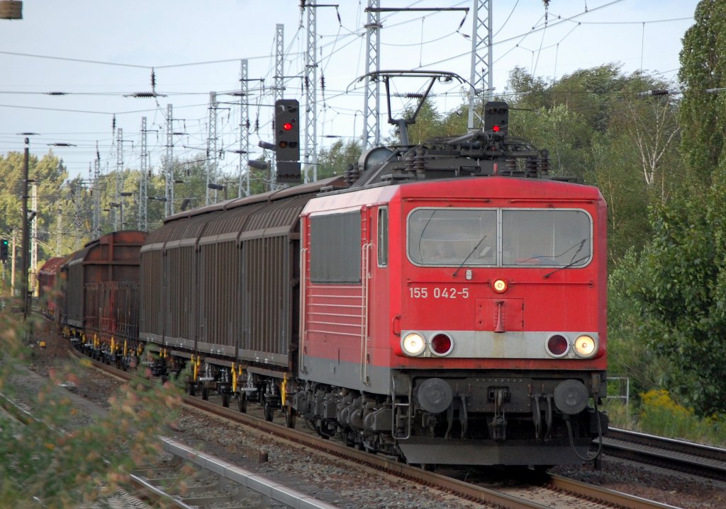 155 042-5 mit einem gemischten G�terzug Richtung Karower Kreuz Berlin, 05.08.08 Berlin-Karow.