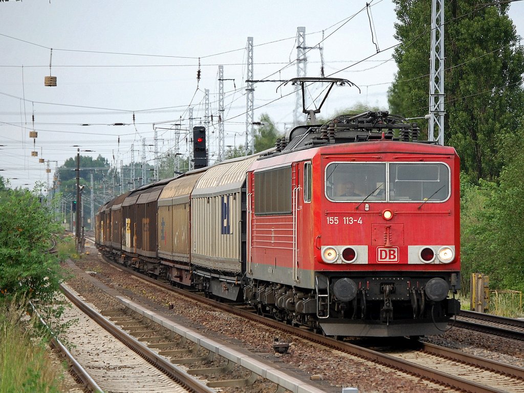155 113-4 mit einem Ganzzug Schiebewandwagen Richtung Karower Kreuz Berlin, 16.06.10 Berlin-Karow.