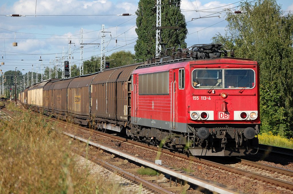 155 113-4 mit Ganzzug Schiebewandwagen, 14.08.12 Berlin-Karow.