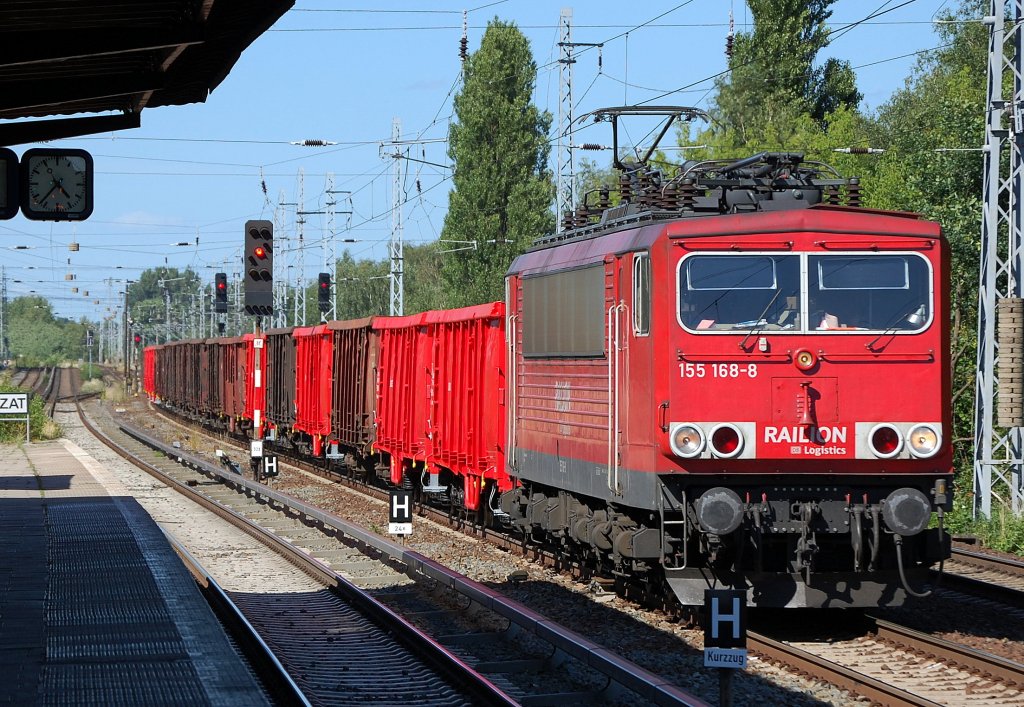 155 168-8 mit einem Ganzzug offener G�terwagen Richtung Karower Kreuz Berlin, 24.06.08
