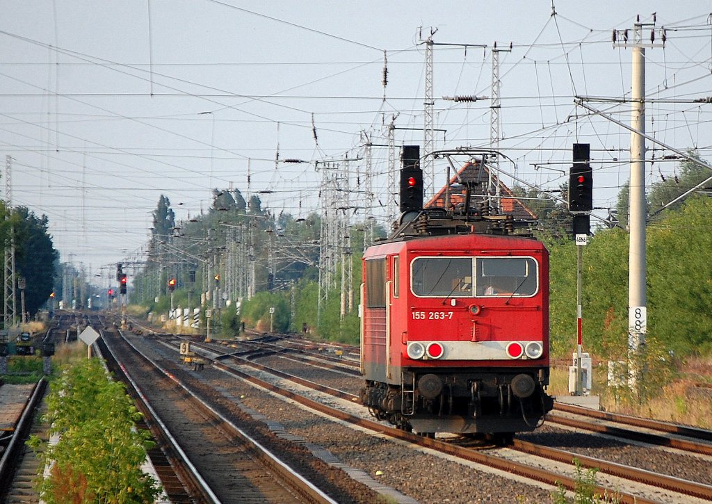 155 263-7 f�hrt die lange Gerade zum Karower Kreuz Berlin herunter, 02.07.10 Berlin-Blankenburg.