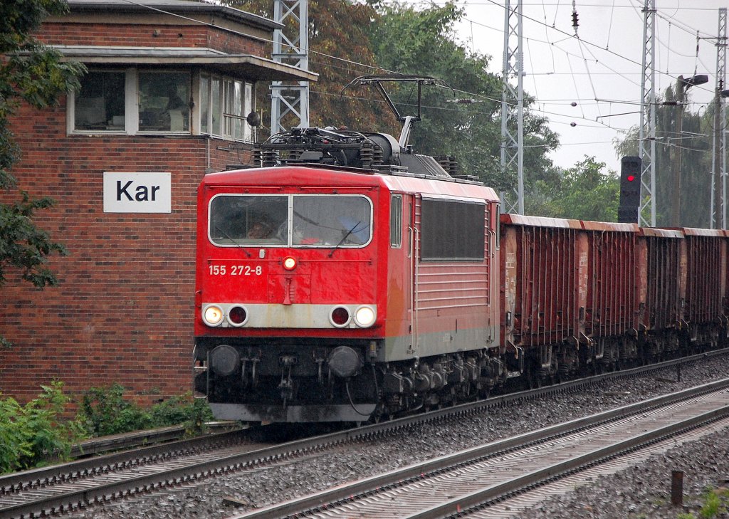 155 272-8 mit Ganzzug offener G�terwagen Richtung Bernau, 26.08.10 Berlin-Karow.