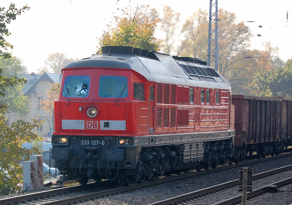 233 127-0 mit einem Ganzzug offener G�terwagen Richtung Bernau, 12.10.10 Berlin-Karow.