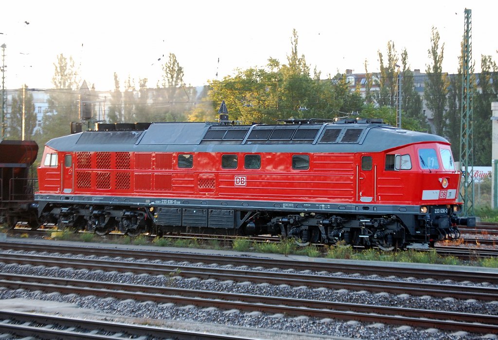 233 636-0 mit einem Ganzzug offener Sch�ttgutwagen Richtung Berlin-Spandau am fr�hen Morgen des 22.09.10 Berlin-Beusselstr. 