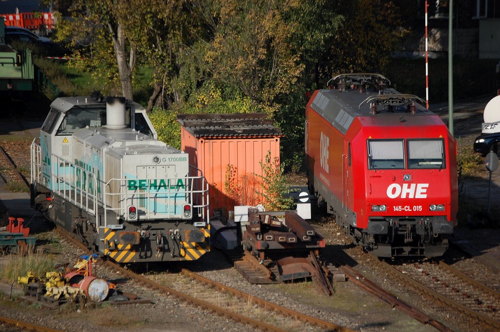 BEHALA Lok 20 (92 80 1277 406-5 D-BHL) + OHE 145-CL 015 (91 80 6145 093-1 D-OHE) pausieren am sp�zen Vormittag auf den Abstellgleisst�cken des Berliner Westhafen, 20.10.11