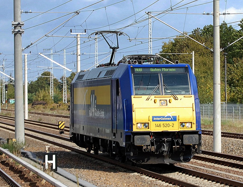 Die InterConnex Lok 146 520-2 (91 80 6146 520-2 D-RBB) auf Leerfahrt Richtung Berliner Innenstadt, 23.09.11 Berlin-Blankenburg.