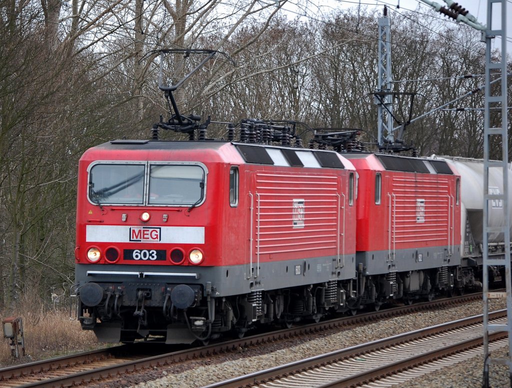 Doppeltraktion MEG 603 (91 80 6143 851-4 D-MEG, Bj.1988) + MEG 602 (91 80 6143 204-6 D-MEG, Bj.1987) mit Silowagenganzzug Winter 2008 M�hlenbeck-M�nchm�hle. 