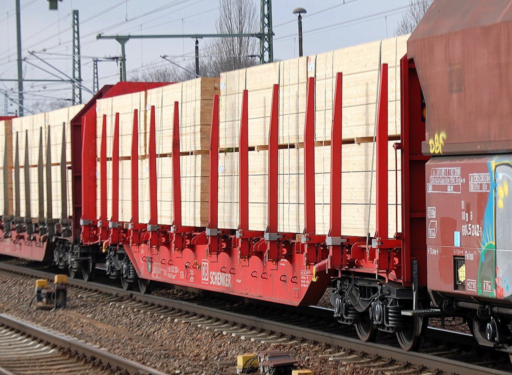 Drehgestellflachwagen mit vier Rads�tzen der DB mit Holzlattenpaletten beladen, eingestellt mit der Nr. 31 RIV 80 D-DB 3521 203-0 Roos 639, 09.02.11 Bhf. Flughafen Berlin-Sch�nefeld.
