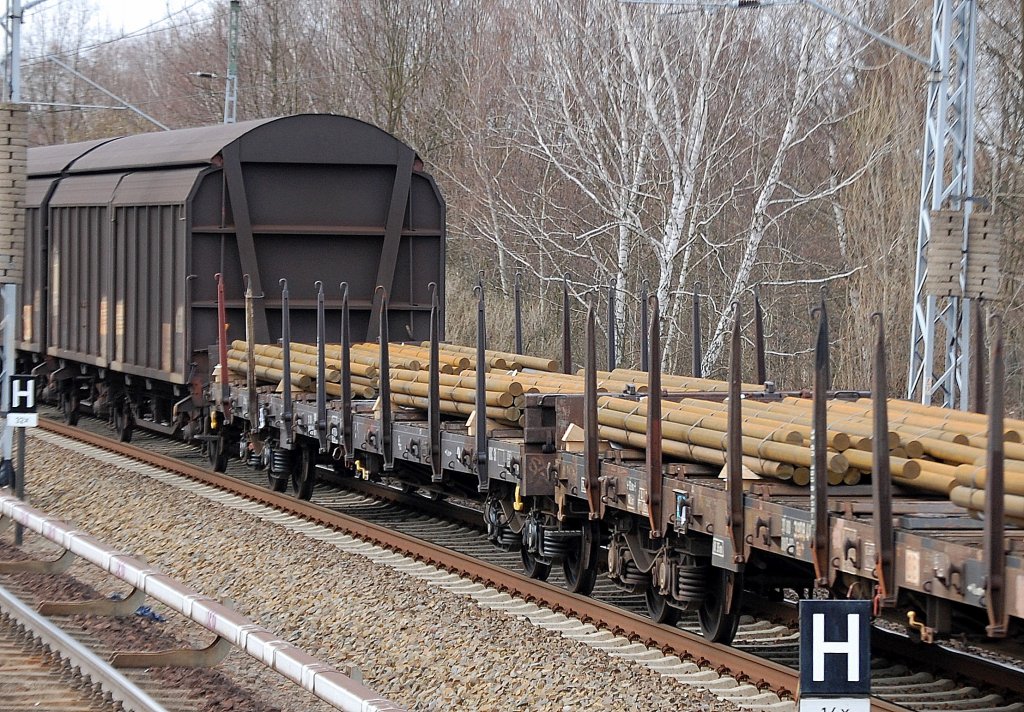 Drehgestellflachwagen mit vier Rads�tzen mit Rungen mit r�hrenf�rmigen Stahlelementen (Bl�cke) beladen, 31.03.11 M�hlenbeck-M�nchm�hle.