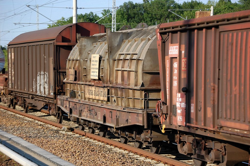 Echte Spezialg�terwagen sind die Flachwagen mit sechs Rads�tzen und einer sogenannten Thermoschutzabdeckung vom Typ Salmmnps 706 f�r den Transport von bis zu zwei 42 Tonnen schweren gl�henden Stahlbl�cken (bis zu 800 Grad hei�), da die Thermohaube 23 Tonnen wiegt, d�rfen diese Spezialwagen bis zu 107 Tonnen Gesamtgewicht tragen. Die Abdeckung soll daf�r sorgen , das auch �ber l�ngere Distanzen kein gr��erer W�rmeverlust eintritt. Die Transporte sind als Gefahrguttransporte eingestuft siehe Tafel (80/3258), Transport von erw�rmten festen Stoffen ab 240� Grad. Normalerweise in Ganzz�gen eingesetzt mit Sonderfahrrecht �hnlich den ICE. (Strecke Eisenh�ttenstadt-Bremen zum Beispiel). Die Firmen sind im Auftrag der Firma Reiner Brach-Stahl im Einsatz. Dieser hier unbeladen in einem gemischtem Zugverband am 21.07.10 Berlin-Blankenburg.  