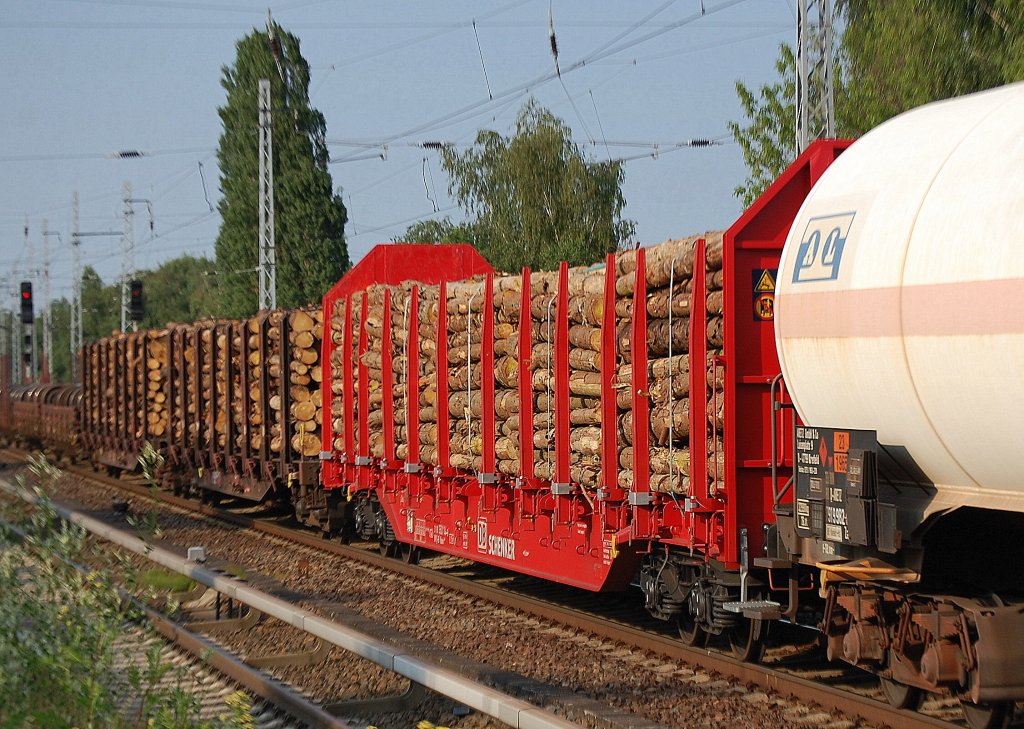 Ein Drehgestellflachwagen mit vier Rads�tzen und Rungen vom Typ Roos 639 der DB mit Rundholz beladen, 02.07.10 in einem gemischten Zugverband Berlin-Karow. Diese Wagen sind 18,4 m lang, die Rungenh�he betr�gt 2,05 m und die Ladefl�che 50 m�.  