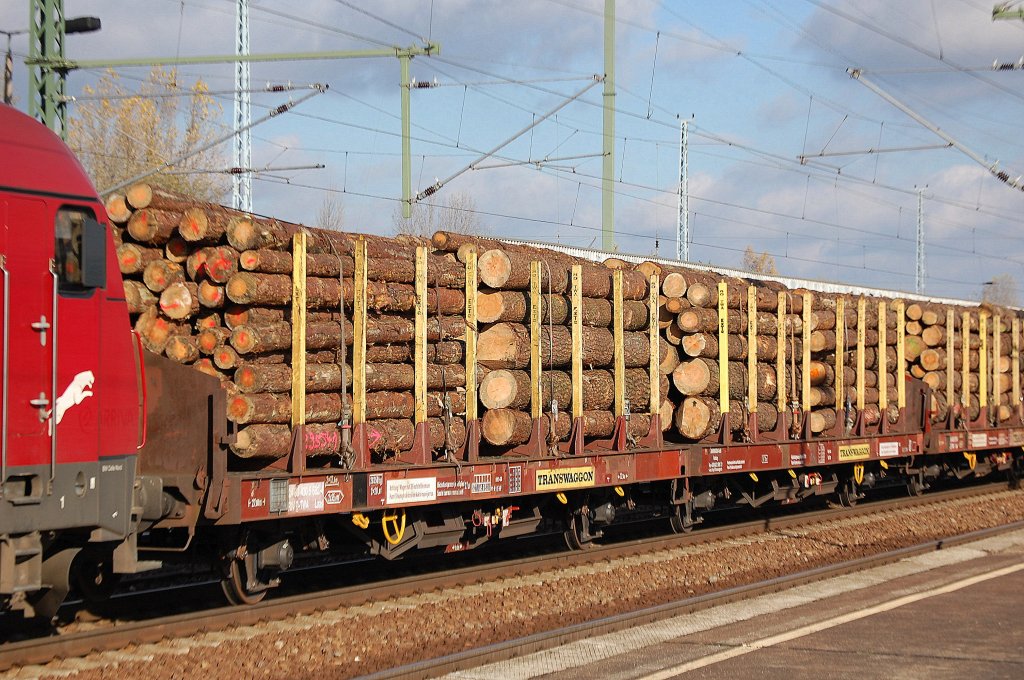 Flachwageneinheit mit geradem Fu�boden und Rungen vom Einsteller Transwaggon GmbH beladen mit Frischholz eingestellt mit der Nr. 24 RIV 80 D-TWA 430 5 682-4 Laas am 06.11.12 Bhf. Flughafen Berlin-Sch�nefeld.