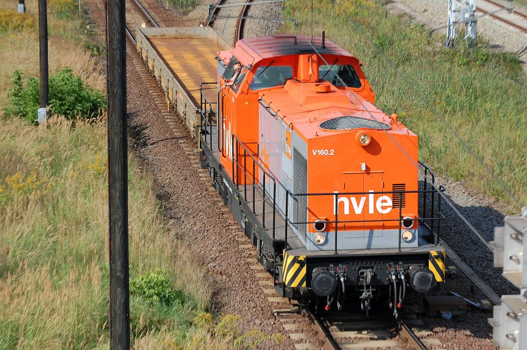 hvle V160.2 (203 014-6) f�hrt mit einem Drehgestellflachwagen in Elstal im RLCW ein, 10.09.12
