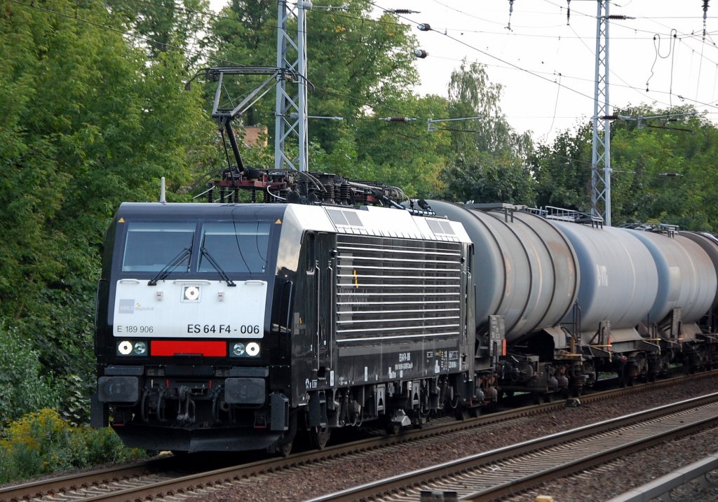 MRCE Dispolok E 189-906 / ES 64 F4-006 (91 80 6189 906-1 D-DISPO,Bj. 2004) mit Kesselwagenleerzug �ber Bernau Richtung Schwedt, 09.09.08 Berlin-Karow.  