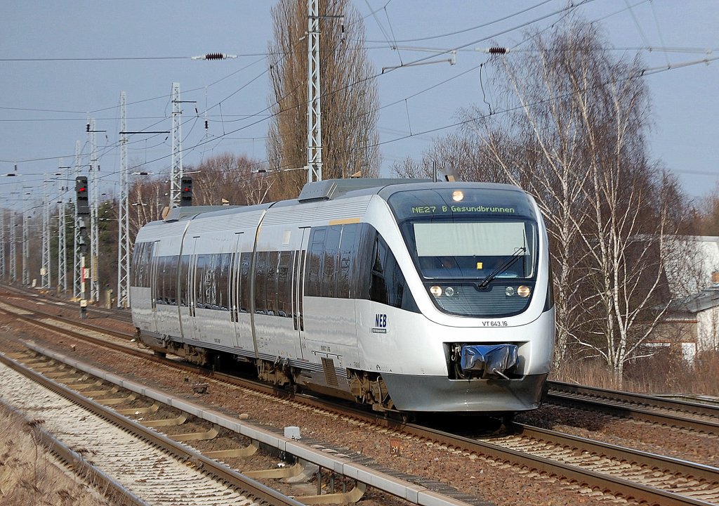 Noch mal der neue Talent der NEB VT 643.16 auf der Linie NE27 Richtung Berlin-Gesundbrunnen, 09.03.12 Berlin-Karow.