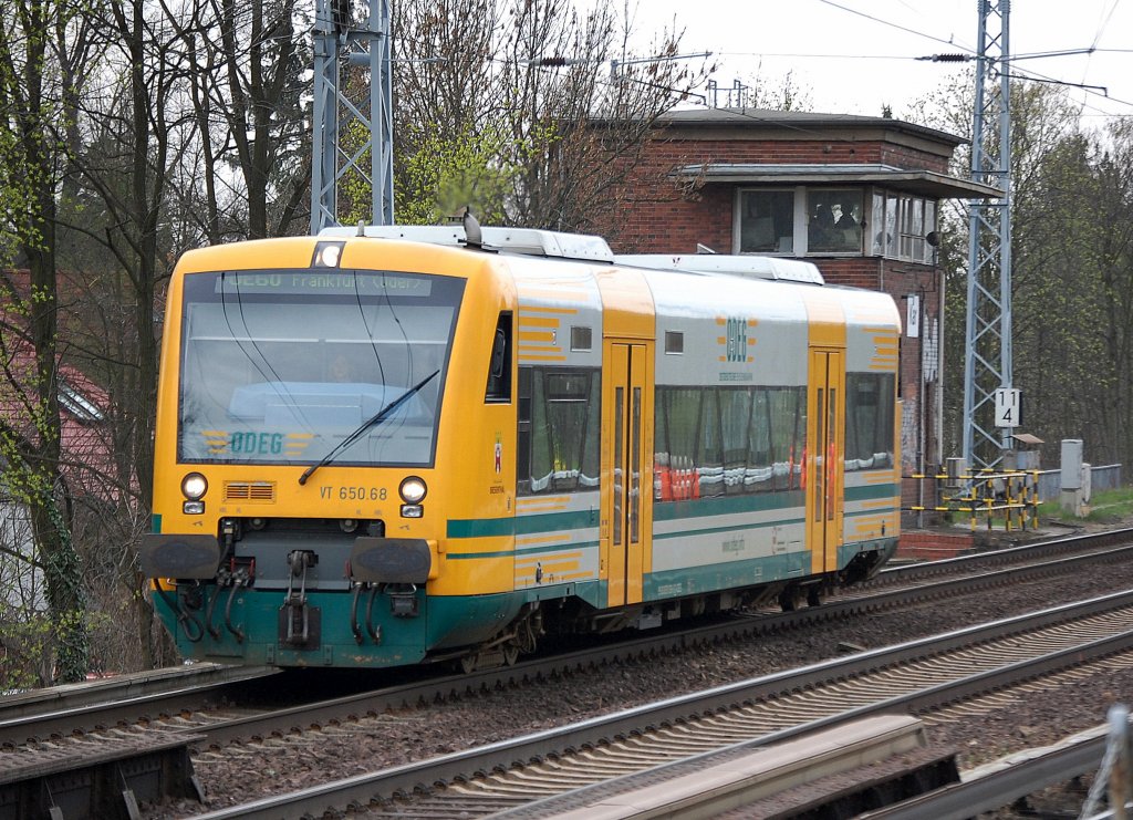 ODEG RegioShuttle VT 650.68  Naturparkstadt Biesenthal  (95 80 0650 068-9 D-ODEG, Stadler Bj.2004) Linie OE60 nach Frankfurt (Oder), 07.04.11 Berlin-Karow.