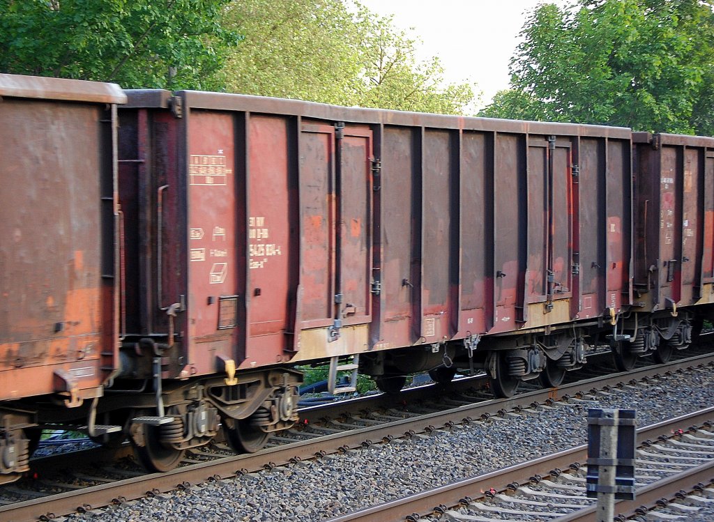 Offener G�terwagen mit vier Rads�tzen vom Typ Eas-x 073 der DB eingestellt mit der Nr. 31 RIV 80 D-DB 5425 834-4, Ganzzug am 24.06.10 Berlin-Karow. 