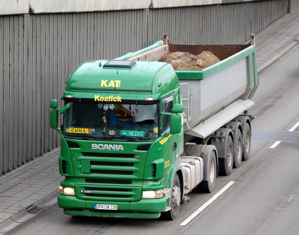 SCANIA R420 Sattelkipper der Fa. KAT Koalick, 27.03.09 Berliner Stadtautobahn H�he Knobelsdorffbr�cke.