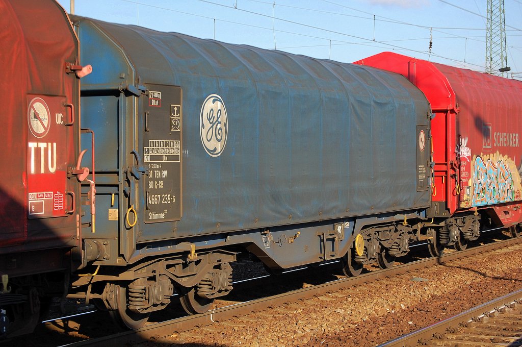 Schiebeplanenwagen (Coiltransporte) inzwischen unter DB Nr. registriert, eingestellt mit der Nr. 31 TEN RIV 80 D-DB 4667 239-6 Sfhimmns 732, 26.01.12 Bhf. Flughafen Berlin-Sch�nefeld.