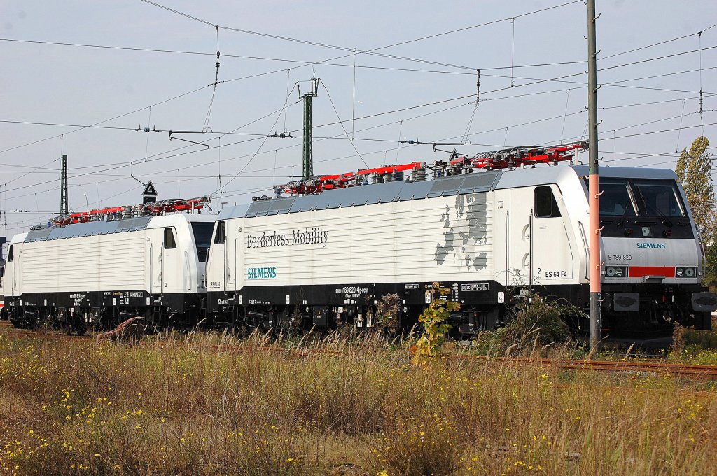 �berraschend standen mal wieder die beiden wei�en SIEMENS 189�r (die vordere mit dem Aufdruck  Borderless Mobility ) am ehemaligen G�terbahnhof Berlin-Moabit gegen�ber dwem Berliner Westhafen. Angeblich im Moment an PRESS vermietet? Es sind die E 189-820 (91 80 6189 820-4 D-PCW Claas 189-VE, Siemens Bj.2010) + E 189-821 (91 80 6189 821-2 D-PCW Claas 189-VE, Siemens Bj.2010) die dort abgestellt waren, 18.10.11       