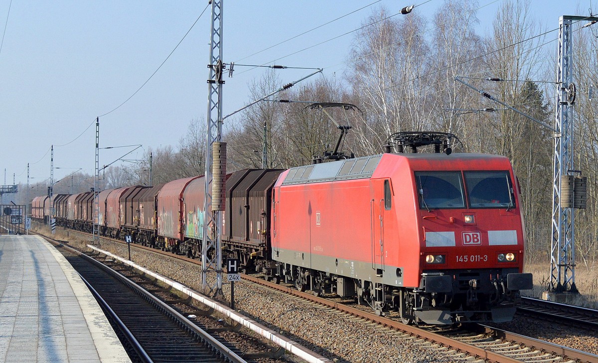 145 011-3 mit Güterzug (Stahlcoils) am 17.02.15 Mühlenbeck/Mönchmühle b.Berlin.