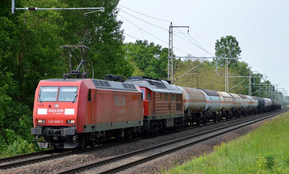 145 066-7 mit 233 478-7 und Kesselwagenzug Richtung Stendell (Schwedt) am 28.05.15 Röntgental bei Berlin.