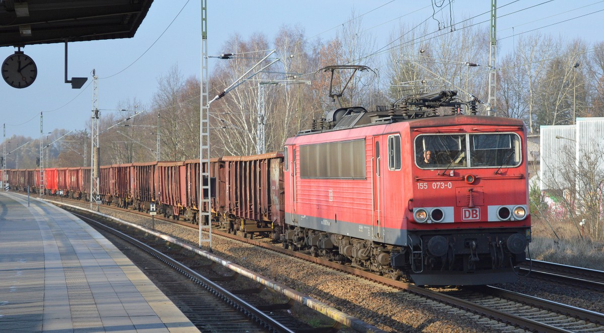 155 073-0 mit Ganzzug offener Güterwagen am 27.11.14 Mühlenbeck/Mönchmühle bei Berlin Richtung Karower Kreuz Berlin am 27.11.14 