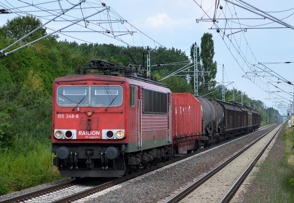 155 248-8 mit gemischtem Güterzug Richtung Industrieübergabegebiet Berlin Nordost am 07.07.14 Durchfahrt Bhf. Berlin Hohenschönhausen, einige Zeit später kam sie mit den selben Wagen allerdings am anderen Ende des Zuges und hatte 289 309 am Zugende mitdran.