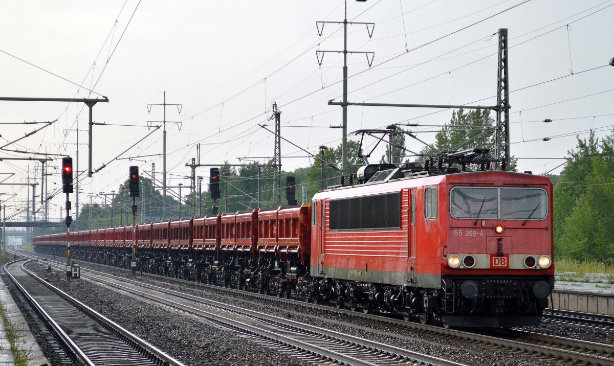 155 269-4 mit Ganzzug Schüttgutkippwagen am 09.07.14 Durchfahrt Bhf. Flughafen Berlin-Schönefeld.