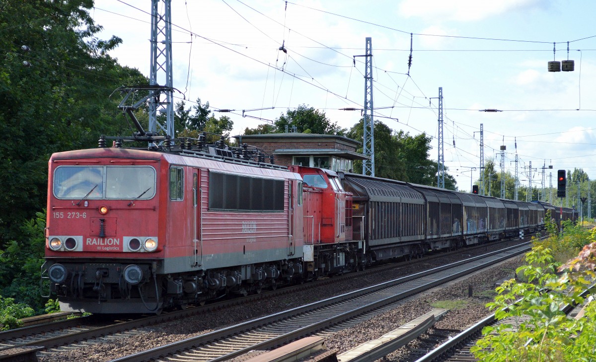 155 273-6 mit 298 331-0 und Schiebewandwagen am Haken Richtung Bernau am 27.08.14 Berlin-Karow.