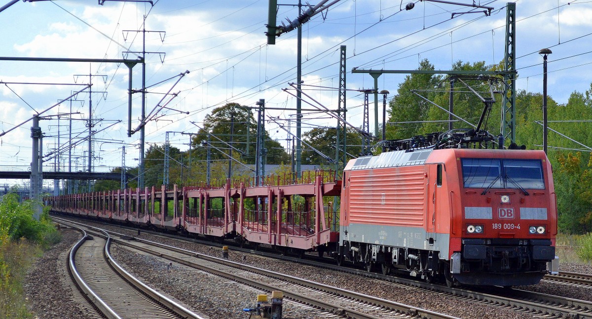 189 009-4 mit einem Leerzug PKW-Transportwagen (ATG/DB) am 30.09.15 Bhf. Flughafen Berlin-Schönefeld. 