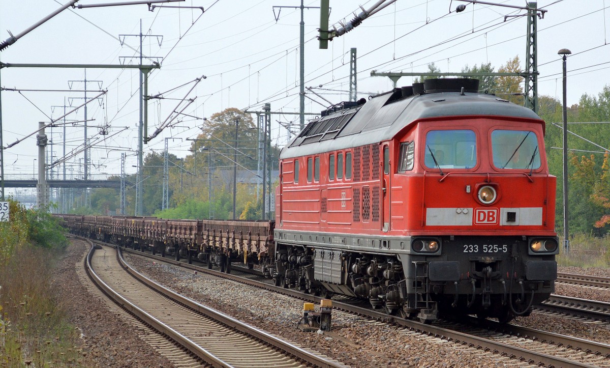 233 525-5 mit Ganzzug Drehgestell-Flachwagen (unbeladen) am 02.10.14 Bhf. Flughafen Berlin-Schönefeld.