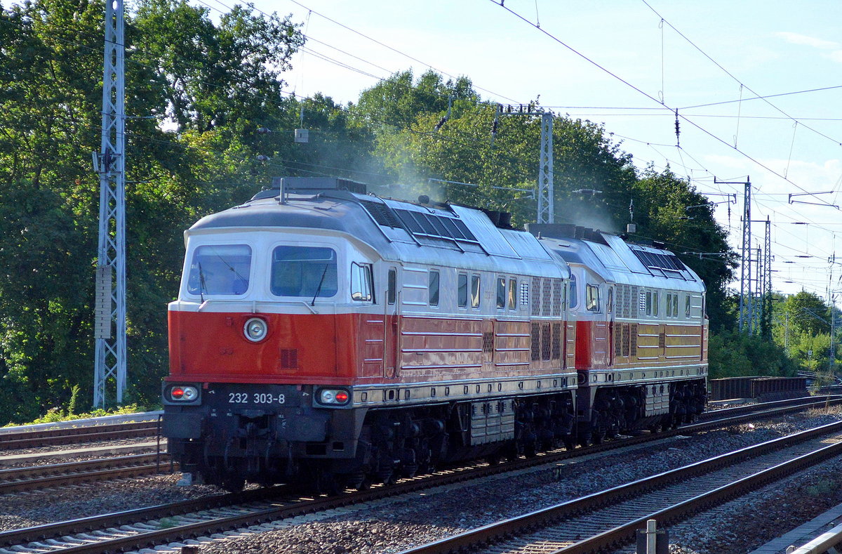 Am frühen Abend kam diese Ludmilla-Doppeltraktion des Weges, 232 484-6 + 232 303-8 in Berlin Grünau Richtung Grünauer Kreuz, 07.08.16 Grüße an den freundlich winkenden Tf.