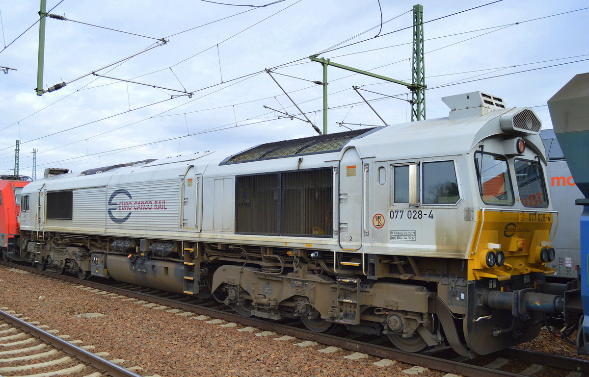 Am Haken von 185 231-8 befand sich die ECR Lok 077 028-4 (92 87 0 077028-4 F-DB) und ein gemischter Güterzug, am 16.03.17 Bf. Flughafen Berlin-Schönefeld.