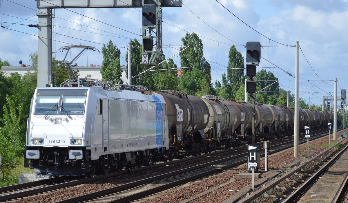 Angemietet von der Fa. VTG Rail Logistics Deutschland GmbH, Railpool Lok 186 431-3 (NVR-Number: 91 80 6186 431-3 D-Rpool, Bombardier Bj.2015) mit einem VTG Kesselwagenzug am 09.07.15 Berlin-Pankow.