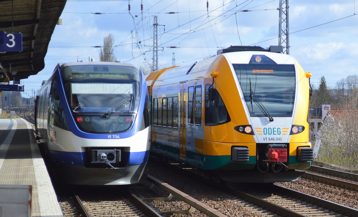 Auch ganz interessant im Vergleich, ein NEB Talent VT 734 als RB27 nach Groß-Schönebeck abfahrbereit in Berlin-Karow und eine ODEG Bereitstellung ab Eberswalde mit Stadler GTW 2/6 VT 646.042 bei der Vorbeifahrt am 13.04.15
