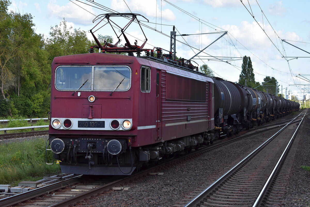 BBG - Bahnbetrieb Gera GmbH, Gera mit ihrer  250 137-7  [NVR-Nummer: 91 80 6155 137-3 D-GERA] und einem Kesselwagenzug (für Benzol) am 04.08.25 Höhe Bahnhof Berlin-Hohenschönhausen.