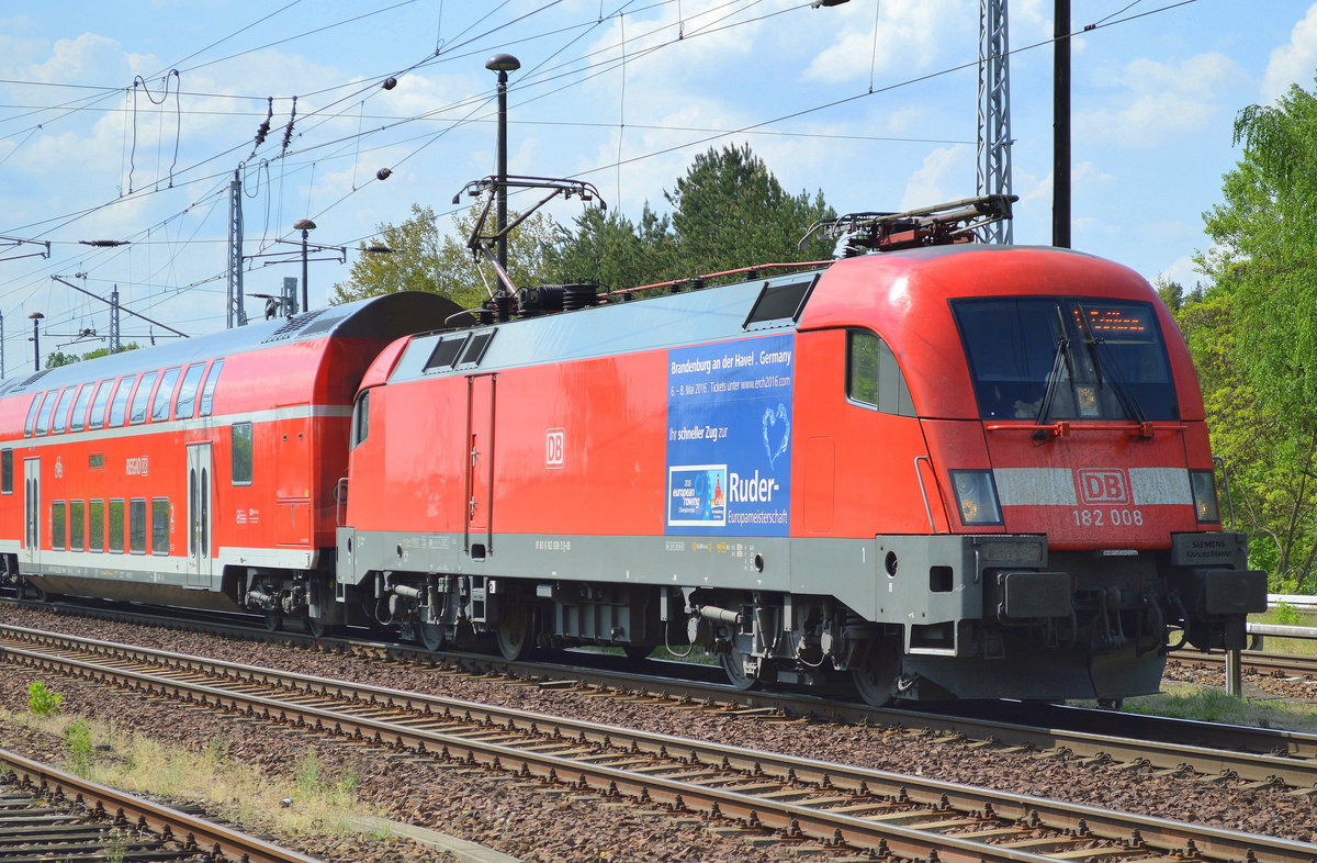 Bereits wieder vorbei, dieser Veranstaltungshinweis auf die Ruder EM in Brandenburg auf der 182 008 auf dem RE1 nach Frankfurt(Oder) am 12.05.16 Berlin-Hirschgarten.