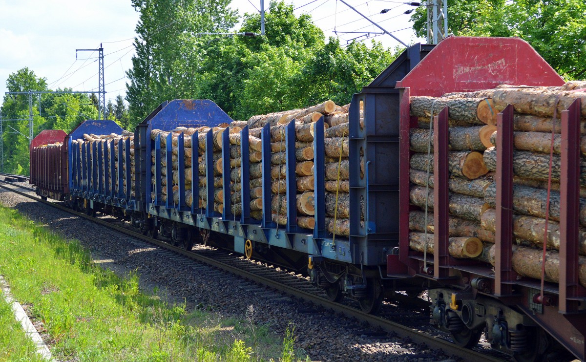 Blauer Drehgestell-Flachwagen mit Niederbindeeinrichtung und Rungen zum Stammholztransport der Rennsteigbahn mit der Nr. 33 RIV 80 D-RSBG 4718 044-7 Bf. Duisburg Ruhrort Hafen am 22.05.15 Röntgental bei Berlin.