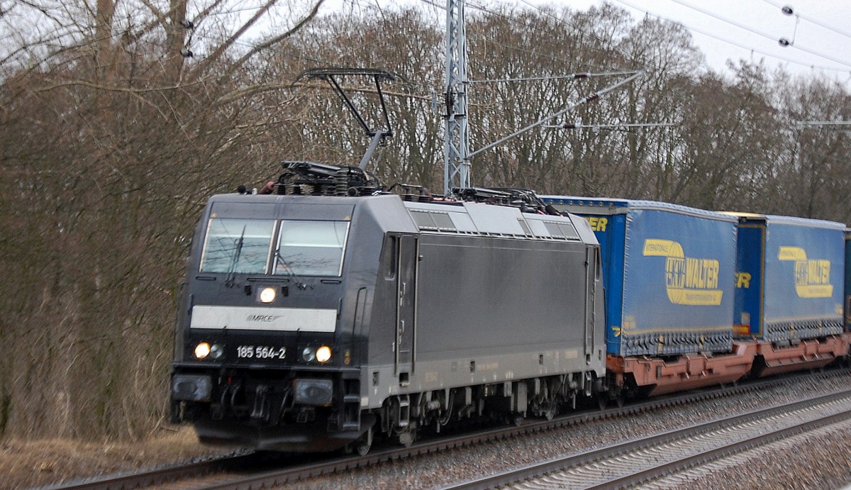 BoxXpress mit MRCE Mietlok 185 564-2 (Bombardier Bj.2005) und Taschenwagenzug Richtung Rostock am 11.02.14 Mühlenbeck/Mönchmühle b. Berlin.