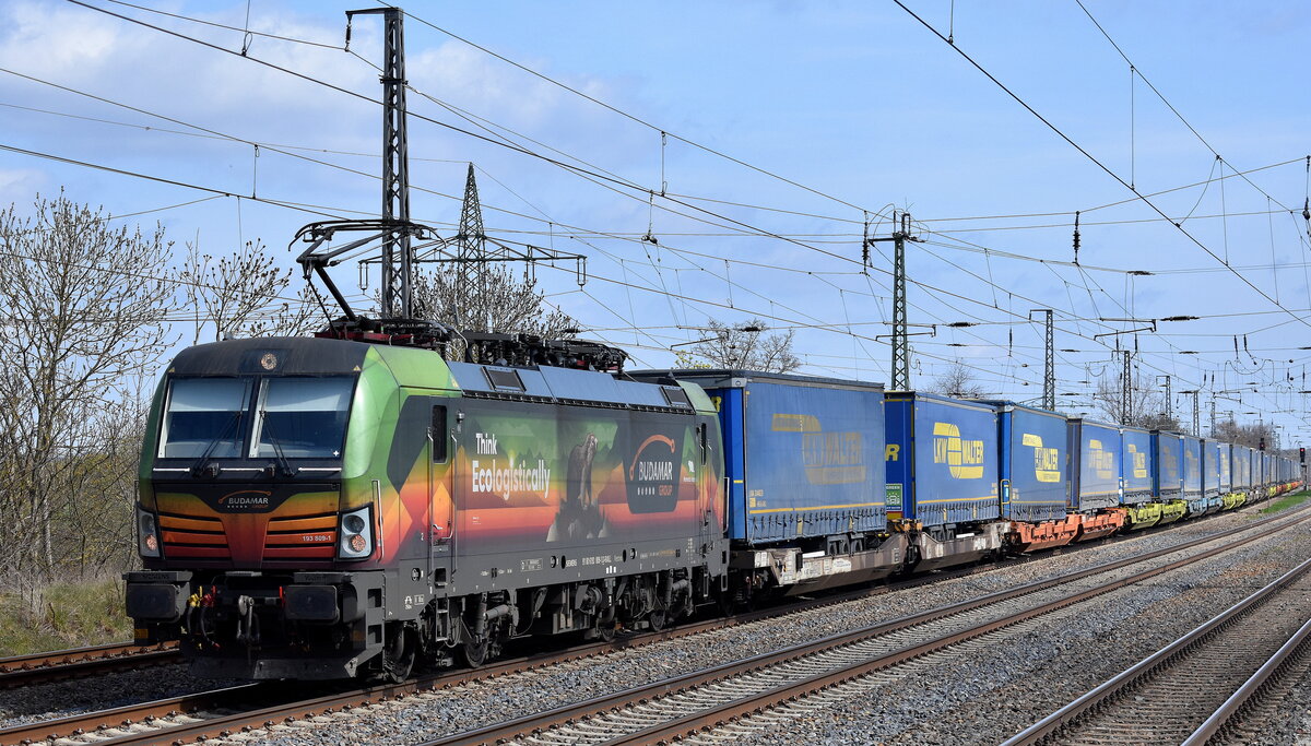 BUDAMAR LOGISTICS, a.s., Bratislava [SK] mit der geleasten RSL Vectron  193 809-1  [NVR-Nummer: 91 80 6193 809-1 D-RAILL] und einem KLV-Zug am 10.04.25 Höhe Bahnhof Saarmund.