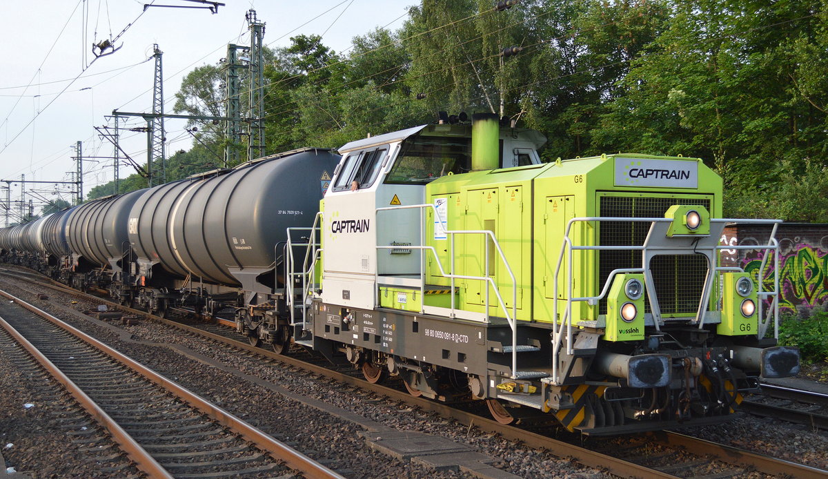 captrain 650 091-8 mit einem Kesselwagen-Übergabezug am 20.06.17 Durchfahrt Bf. Hamburg-Harburg Richtung Hafen.