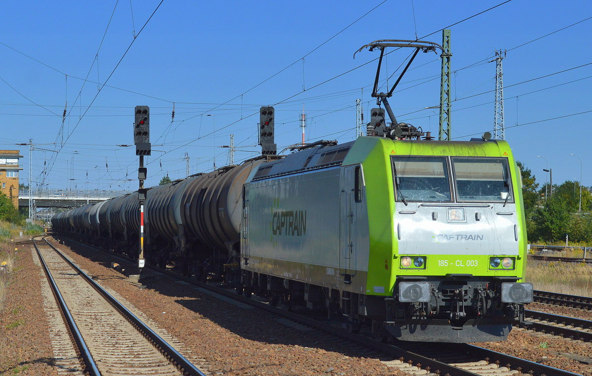 Captrain/ITL 185-CL 003 [NVR-Number: 91 80 6185 503-0 D-ITL] mit Kesselwagenzug am 15.09.16 Bf. Flughafen Berlin-Schönefeld.