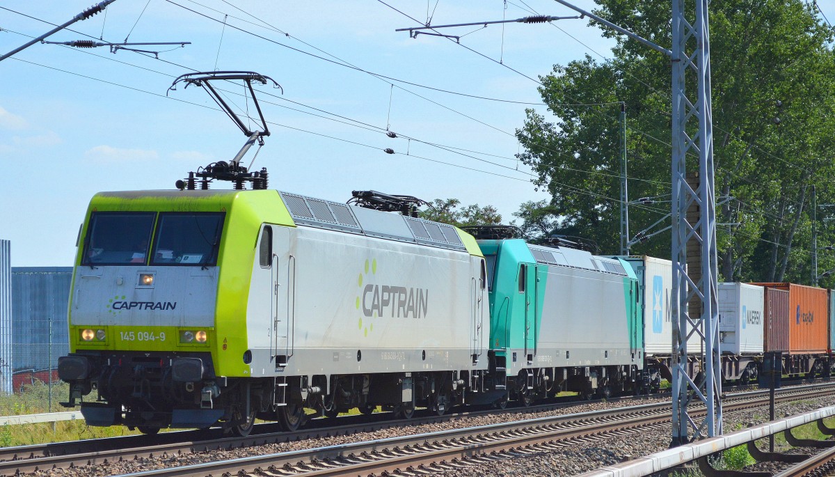 Captrain/ITL mit 145 094-9 und 185 633-5 und Containerzug am Haken am 21.08.15 Richtung Oranienburg in Mühlenbeck/Mönchmühle bei Berlin.