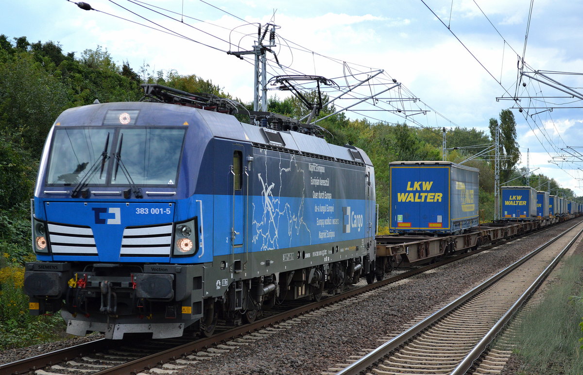 CD Cargo 383 001-5 mit KLV-Zug (LKW WALTER Trailer) am 03.09.17 Bf. Berlin-Hohenschönhausen.