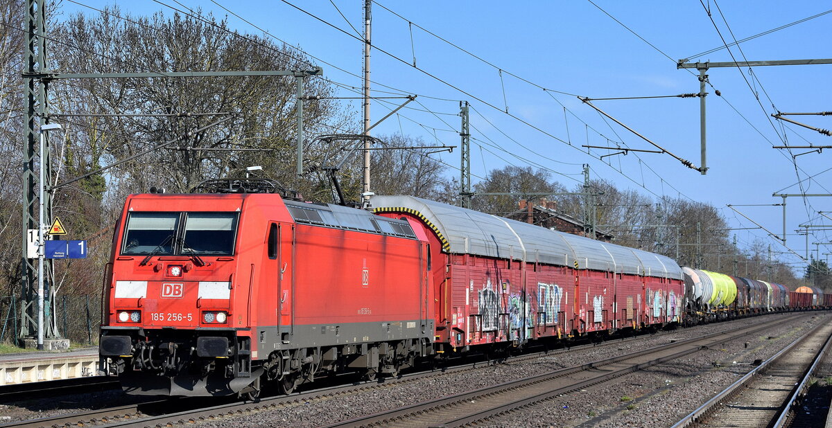 DB Cargo AG, Mainz [D]  185 256-5  [NVR-Nummer: 91 80 6185 256-5 D-DB] und einem gemischten Güterzug am 27.03.25 Höhe Bahnhof Niederndodeleben.