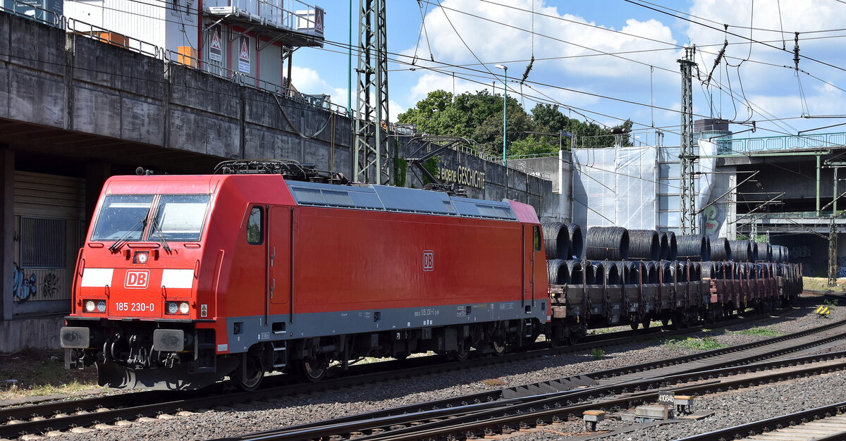 DB Cargo AG, Mainz [D] mit ihrer  185 230-0  [NVR-Nummer: 91 80 6185 230-0 D-DB] verlässt den Hamburger Hafen mit einem Ganzzug Drehgestell-Flachwagen Stahldrahtrollen am 20.05.25 Höhe Bahnhof Hamburg-Harburg.