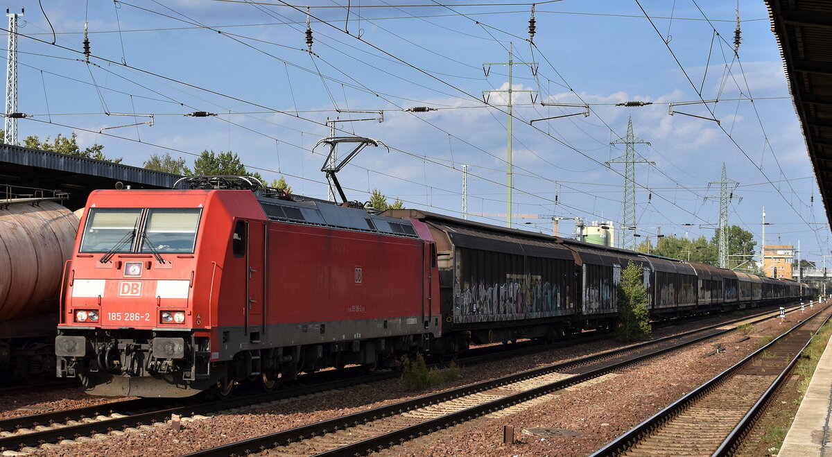 DB Cargo AG, Mainz [D] mit ihrer  185 286-2  [NVR-Nummer: 91 80 6185 286-2 D-DB] und einem Ganzzug Schiebewandwagen am 27.08.25 Höhe Bahnhof Schönefeld b. Berlin.