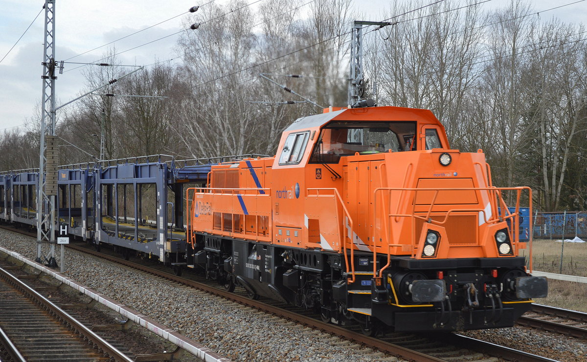 DeltaRail mit der northrail Mietlok 265 302-0 und einem PKW-Transportzug (leer) Richtung Karower Kreuz Berlin am 09.03.17 Mühlenbeck bei Berlin.